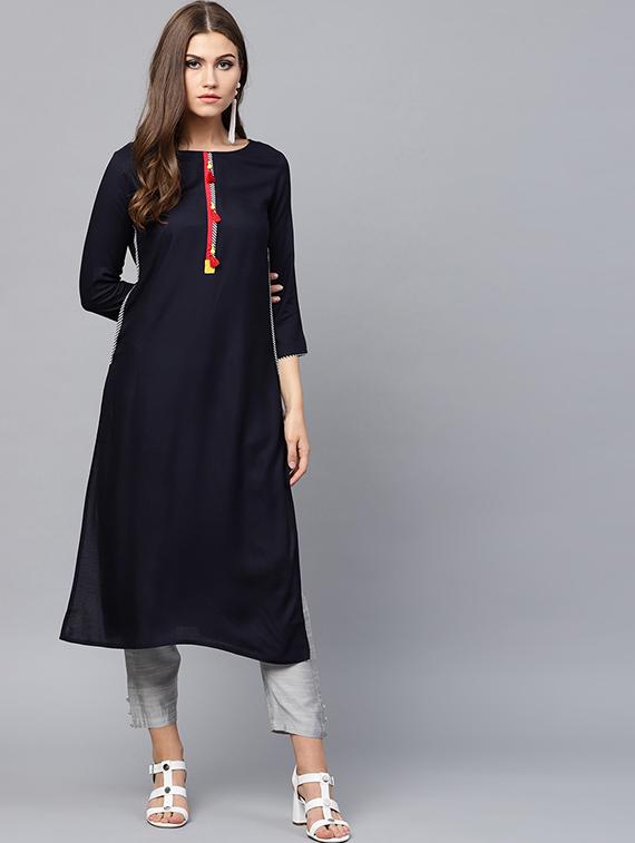 twilight blue straight kurta with tassels - 15440518 -  Zoom Image - 0