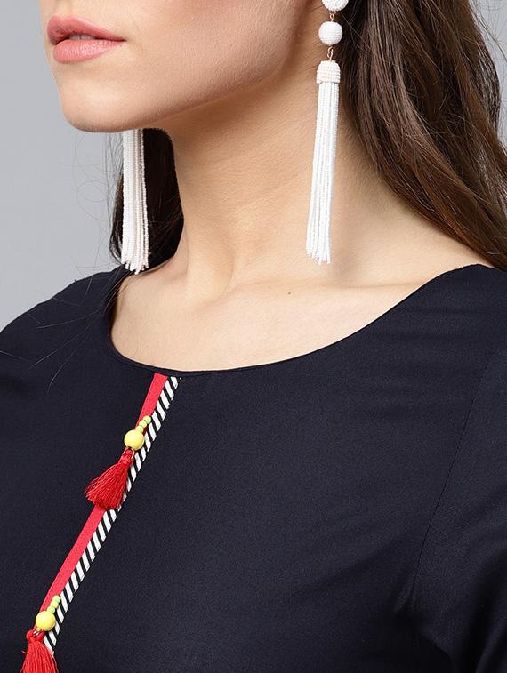 twilight blue straight kurta with tassels - 15440518 - Standard Image - 3