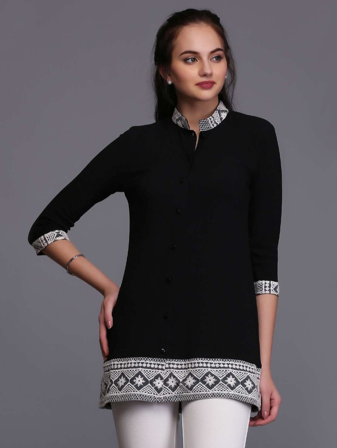 button front mandarin neck tunic