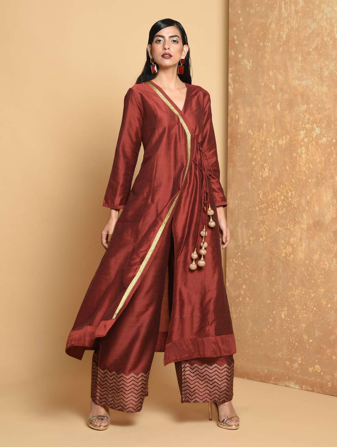 maroon silk angrakha kurta