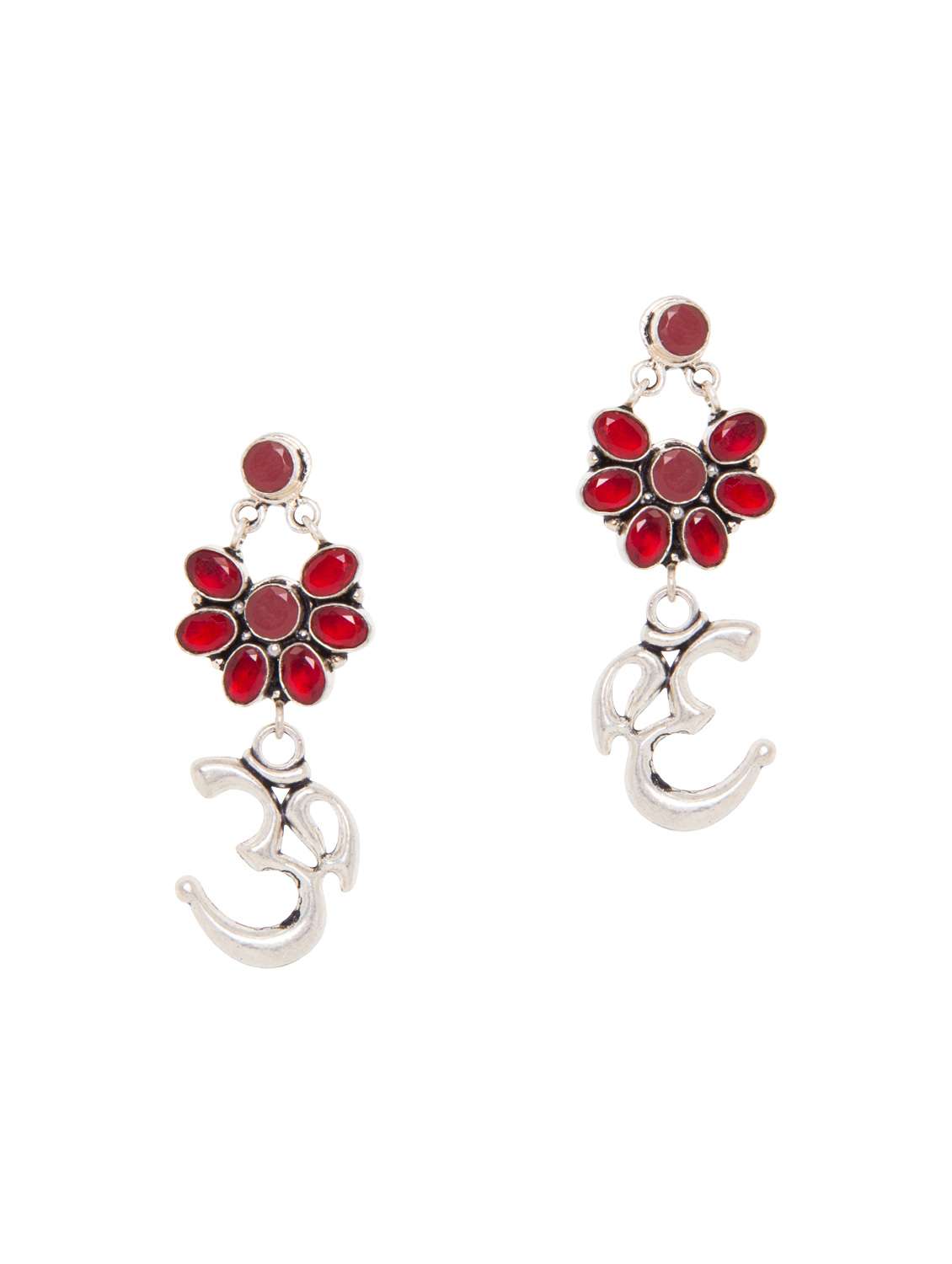 red silver tone stone earrings