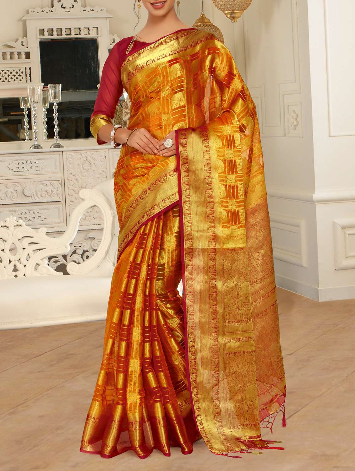 gold zari conversational kanjivaram saree