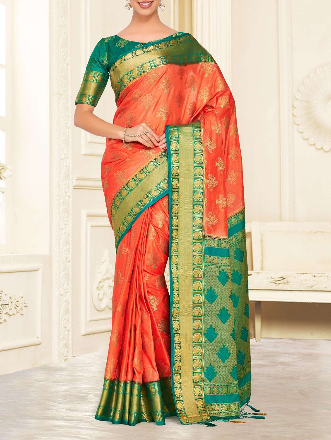women's self design peach colored saree