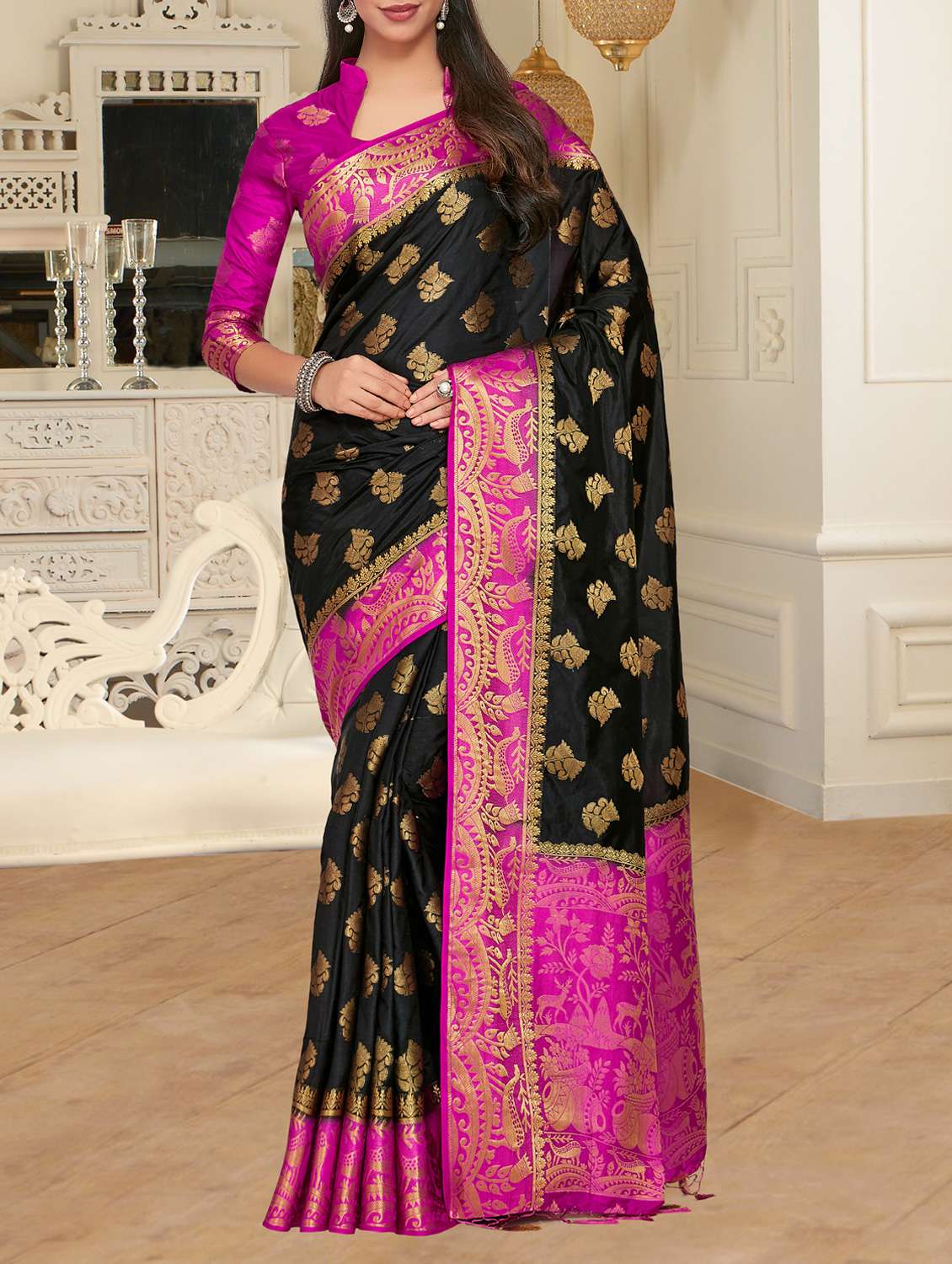 women's self design black colored saree