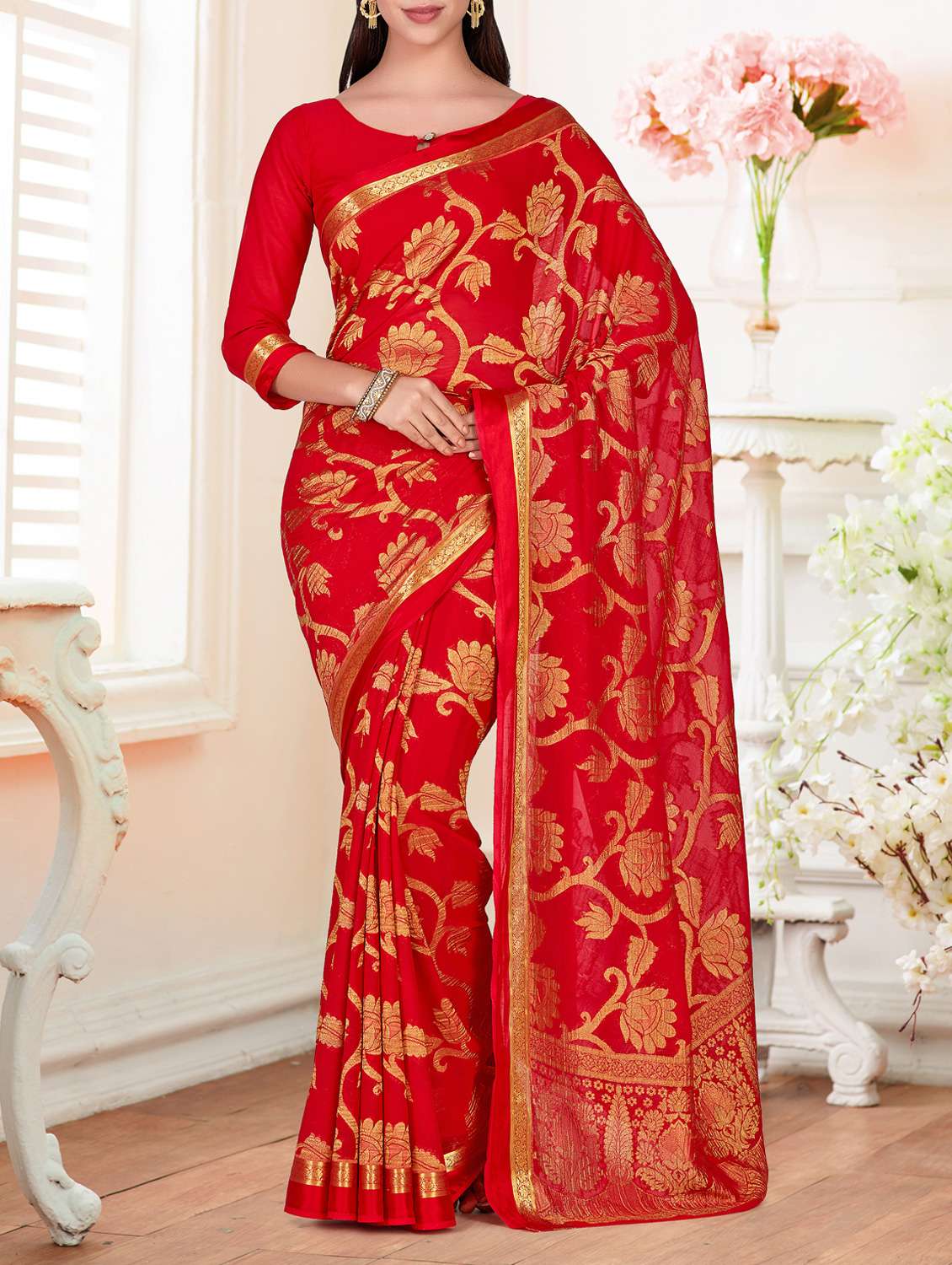 gold zari floral kanjivaram saree