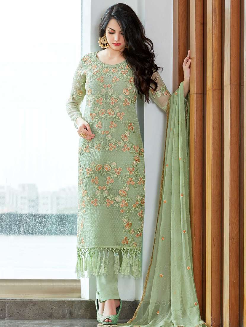 Buy online Embroidered Semi-stitched Straight Pant Suit from Suits