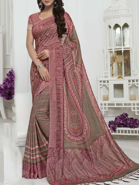 paisley printed brown saree with blouse