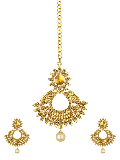 gold tone earrings & maang teeka set - 15464663 - Standard Image - 0