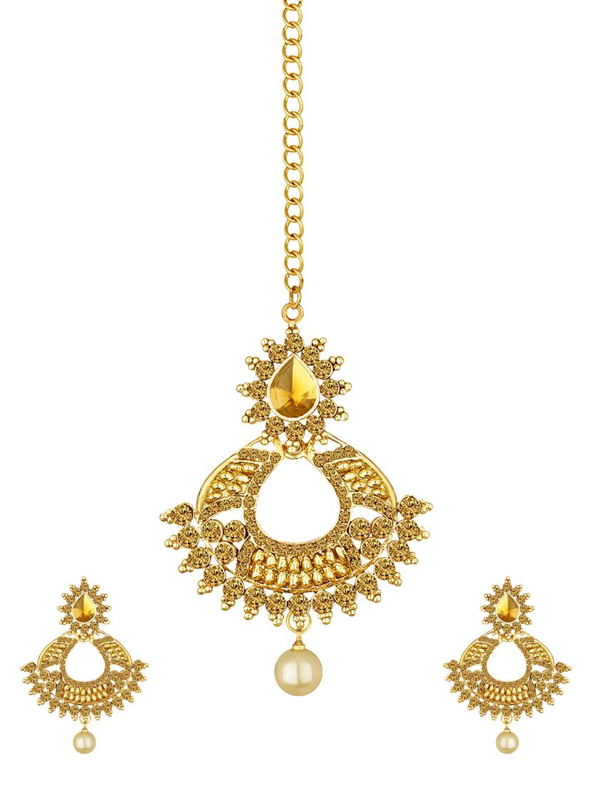 gold tone earrings & maang teeka set - 15464663 - Zoom Image - 0