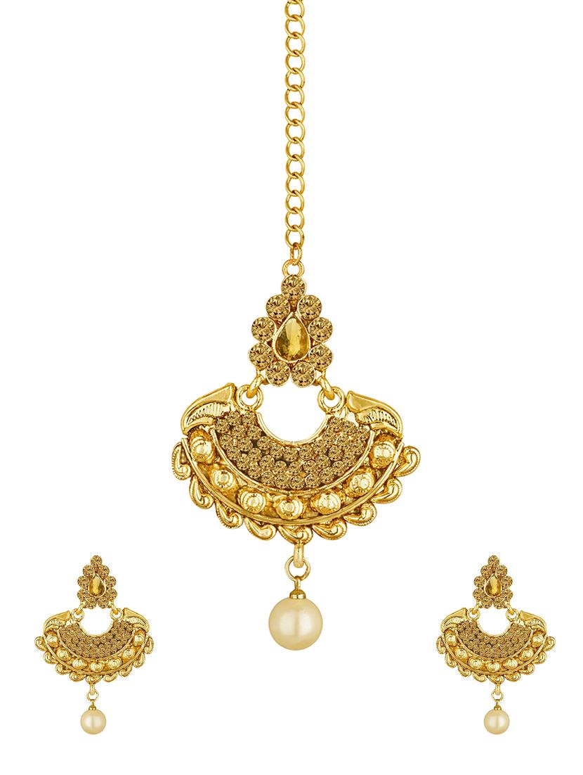gold tone earrings & maang teeka set - 15464665 - Zoom Image - 0