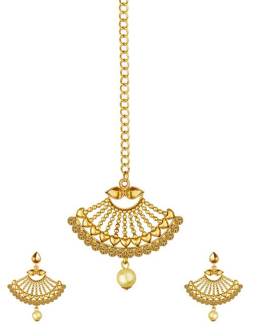 gold tone pearl earrings & maangteeka set - 15464667 -  Standard Image - 0