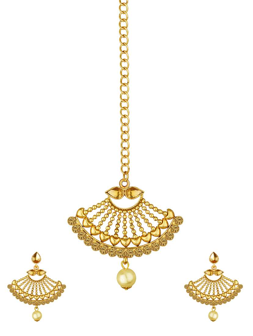 gold tone pearl earrings & maangteeka set - 15464667 -  Zoom Image - 0