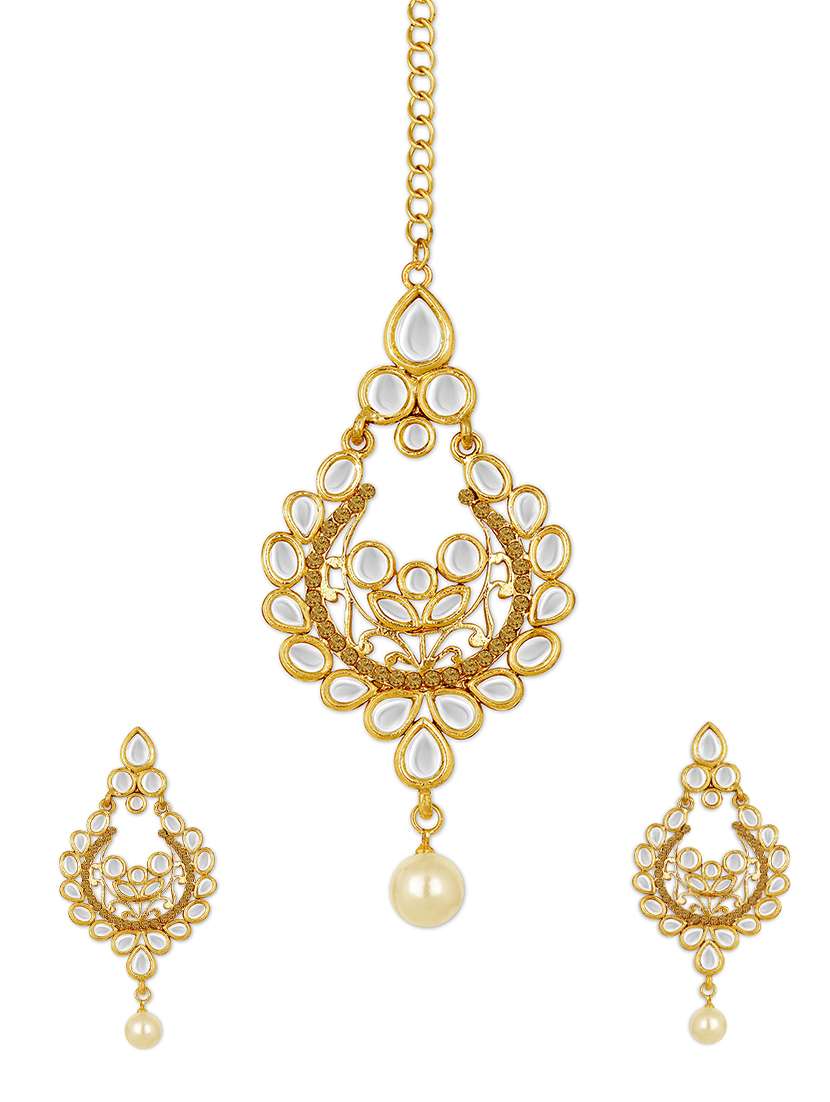 gold tone stone earrings & maangteeka set - 15464671 -  Zoom Image - 0