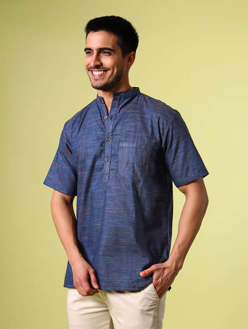 blue solid mandarin neck short kurta - 15466046 -  Standard Image - 0