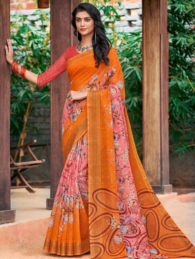 contrast border printed saree with blouse