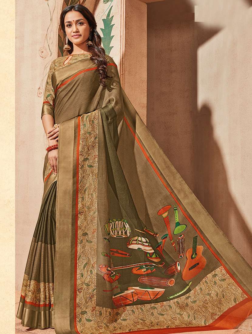golden border printed saree with blouse