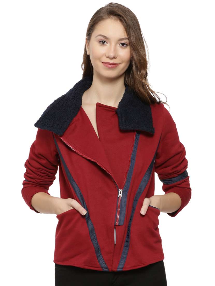 Terrycloth Detail Collar Zip Up Jacket