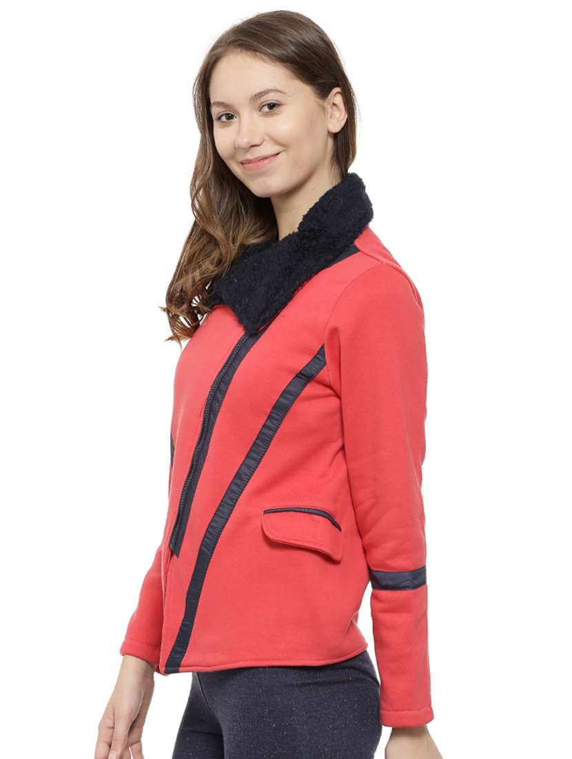 Terrycloth Detail Collar Zip Up Jacket