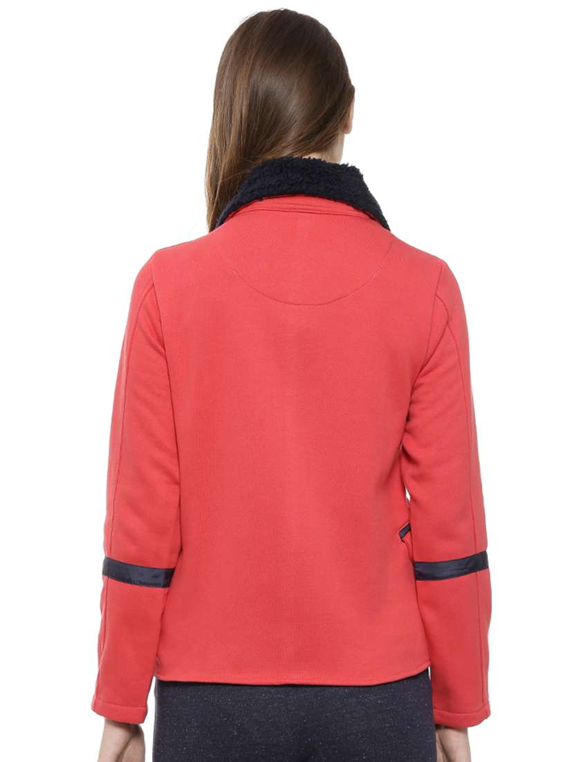 Terrycloth Detail Collar Zip Up Jacket