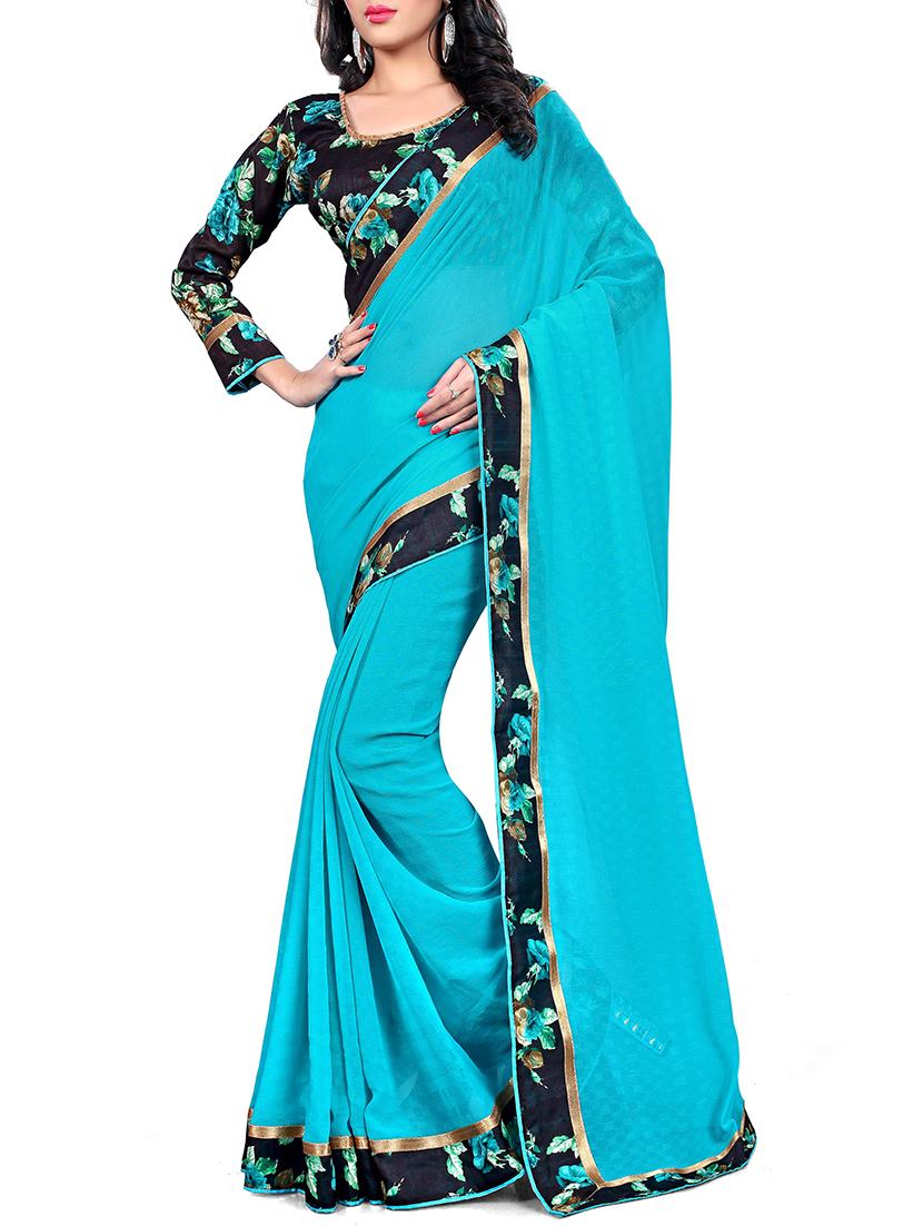 women's bordered turquoise colored saree with blouse - 15476057 -  Zoom Image - 0