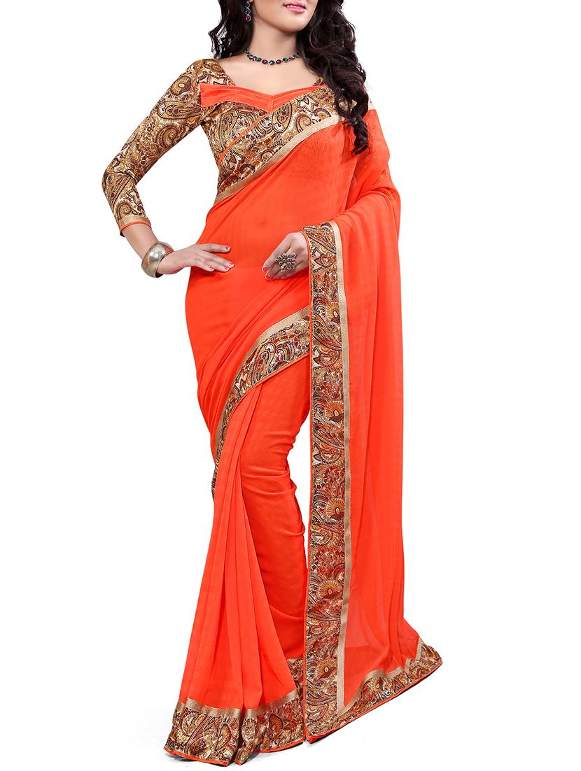 women's bordered orange colored saree with blouse - 15476059 -  Zoom Image - 0