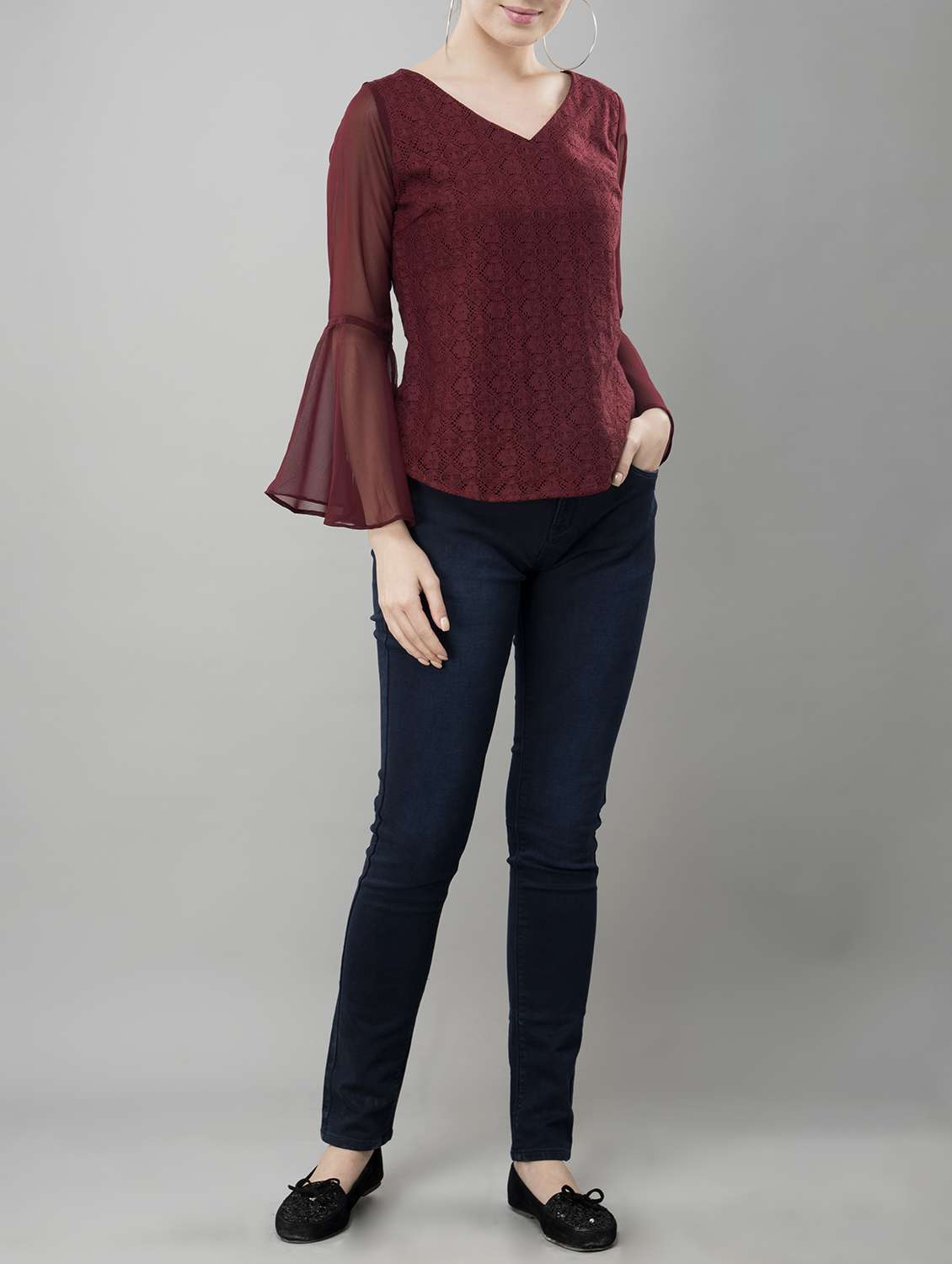 sheer bell sleeved lace top - 15478513 - Standard Image - 3