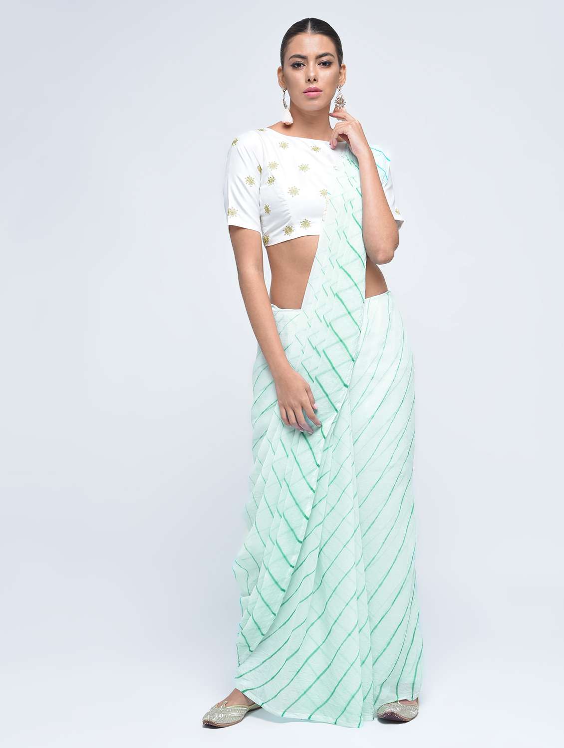 women's leheriya white colored saree with blouse