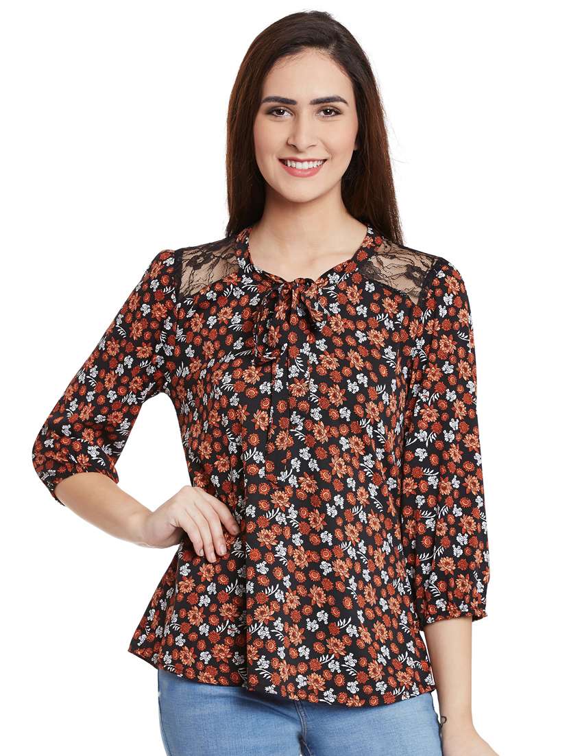 lace detail tie up neck printed top - 15482696 - Zoom Image - 0