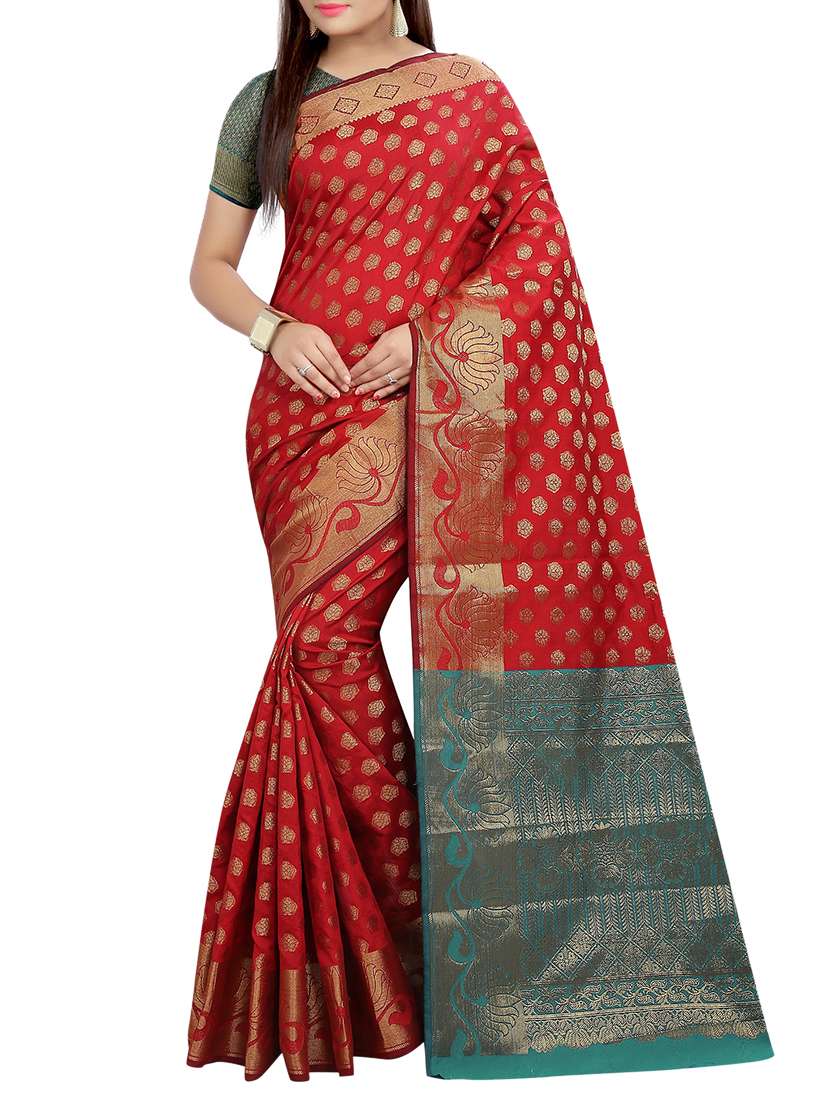 maroon zari jacquard banarasi saree with blouse - 15504091 -  Zoom Image - 0