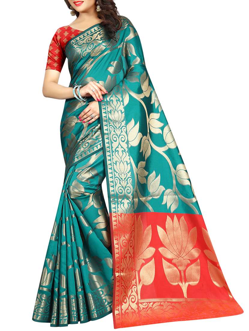 turquoise zari jacquard banarasi saree with blouse - 15504112 - Zoom Image - 0