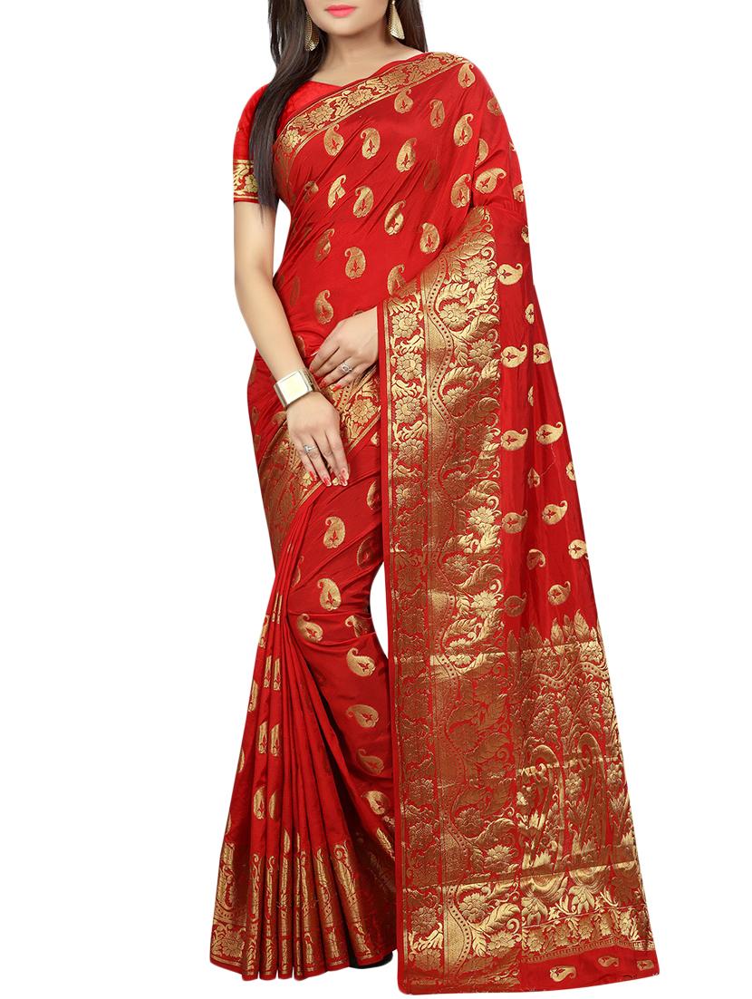 maroon cotton silk banarasi saree with blouse - 15504152 - Zoom Image - 0