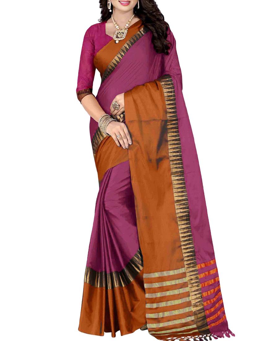 contrast bordered chanderi saree with blouse - 15504211 - Zoom Image - 0
