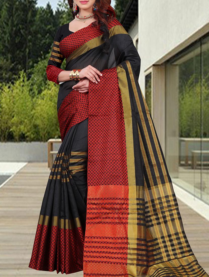 contrast border woven saree with blouse - 15504221 -  Zoom Image - 0
