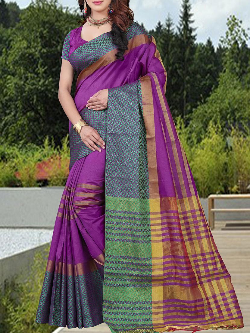 contrast border woven saree with blouse - 15504224 -  Zoom Image - 0