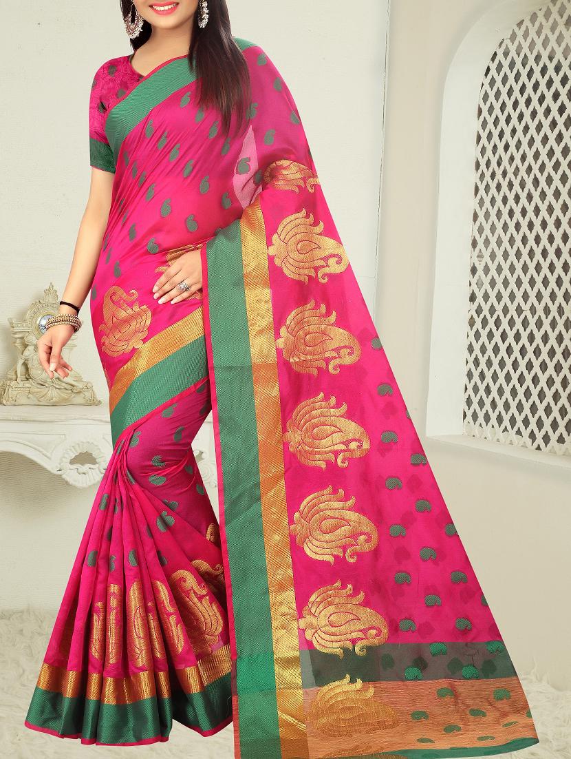 contrast border banarsi saree with blouse - 15504233 -  Zoom Image - 0