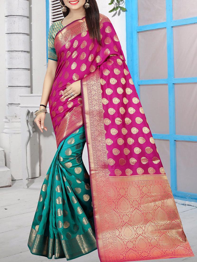 zari jacquard banarasi half & half saree with blouse - 15505838 -  Zoom Image - 0