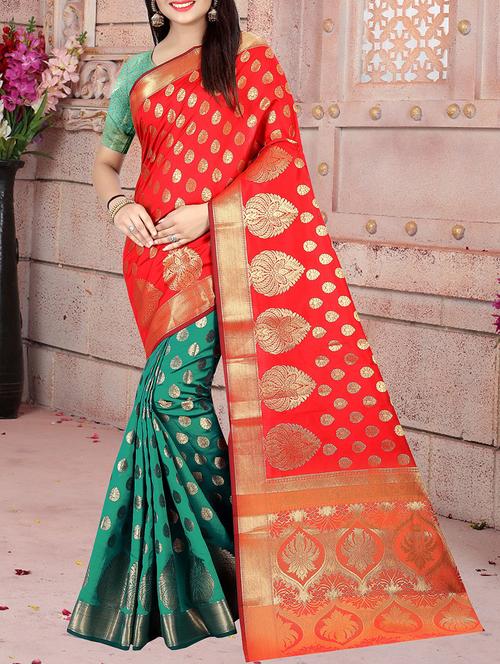 zari jacquard banarasi half & half saree with blouse - 15505841 - Standard Image - 0