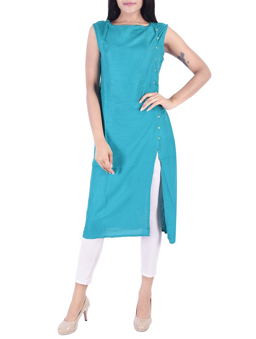 teal solid straight kurta - 15511341 - Zoom Image - 0