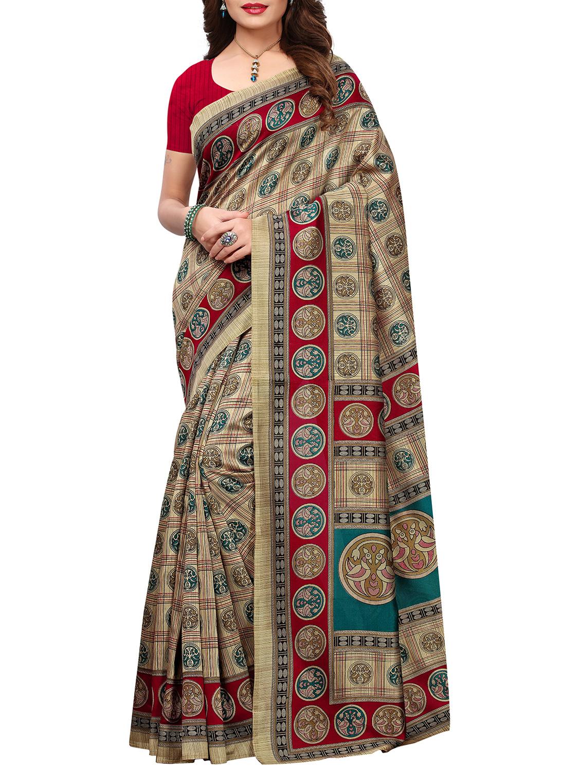 contrast border conversational printed saree with blouse
