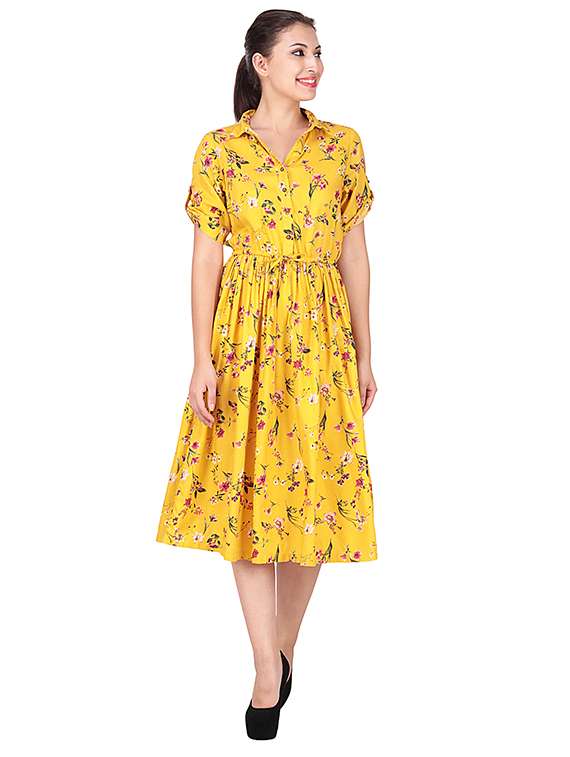 drawstring waist flared floral dress