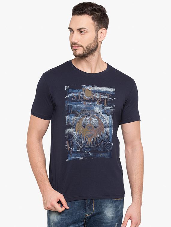 blue cotton chest print t-shirt - 15519169 -  Zoom Image - 0