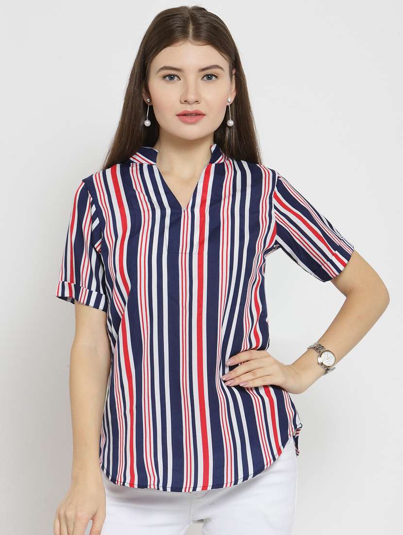 women striped mandarin neck top