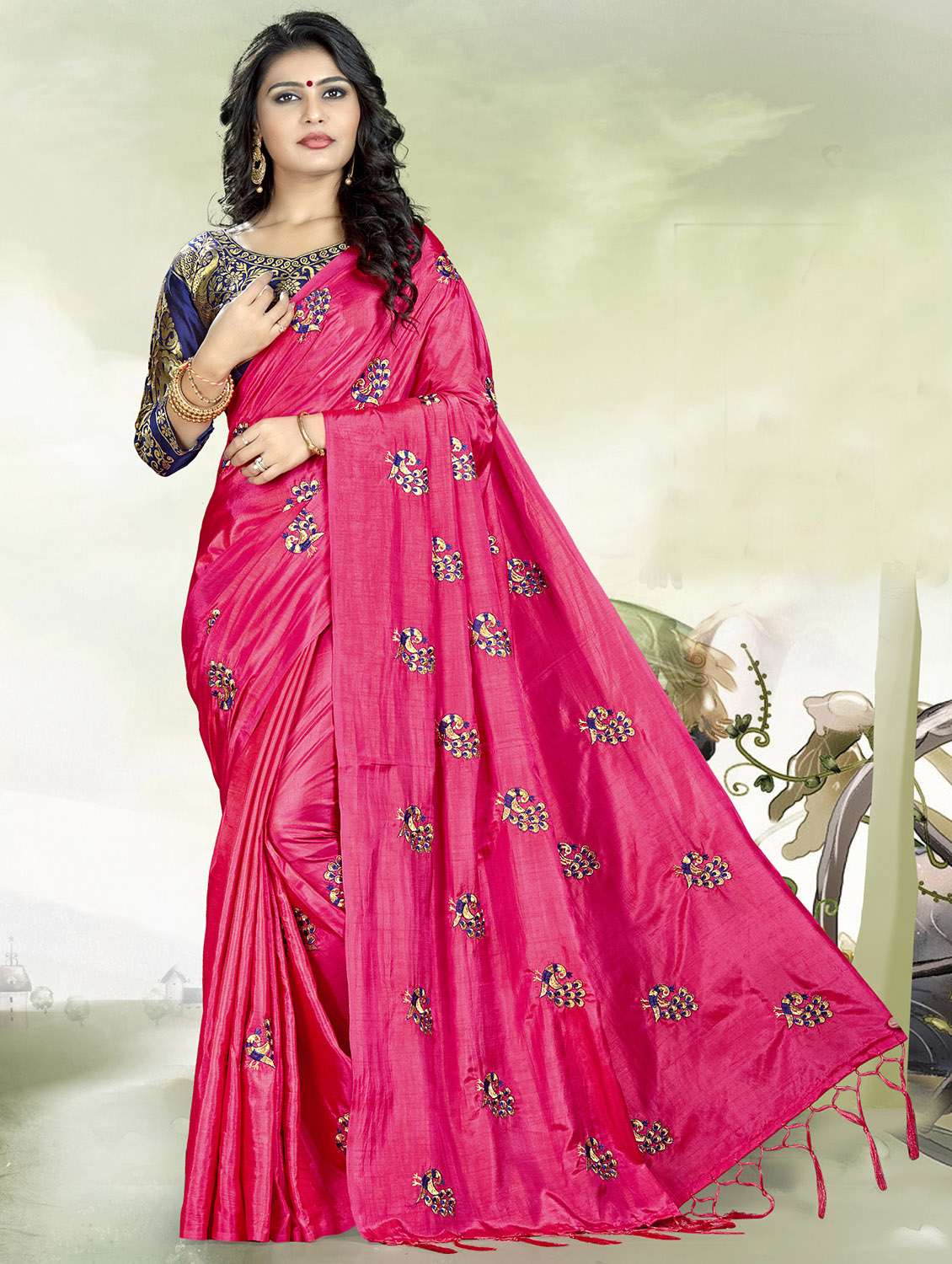 conversational embroidered magenta saree with blouse