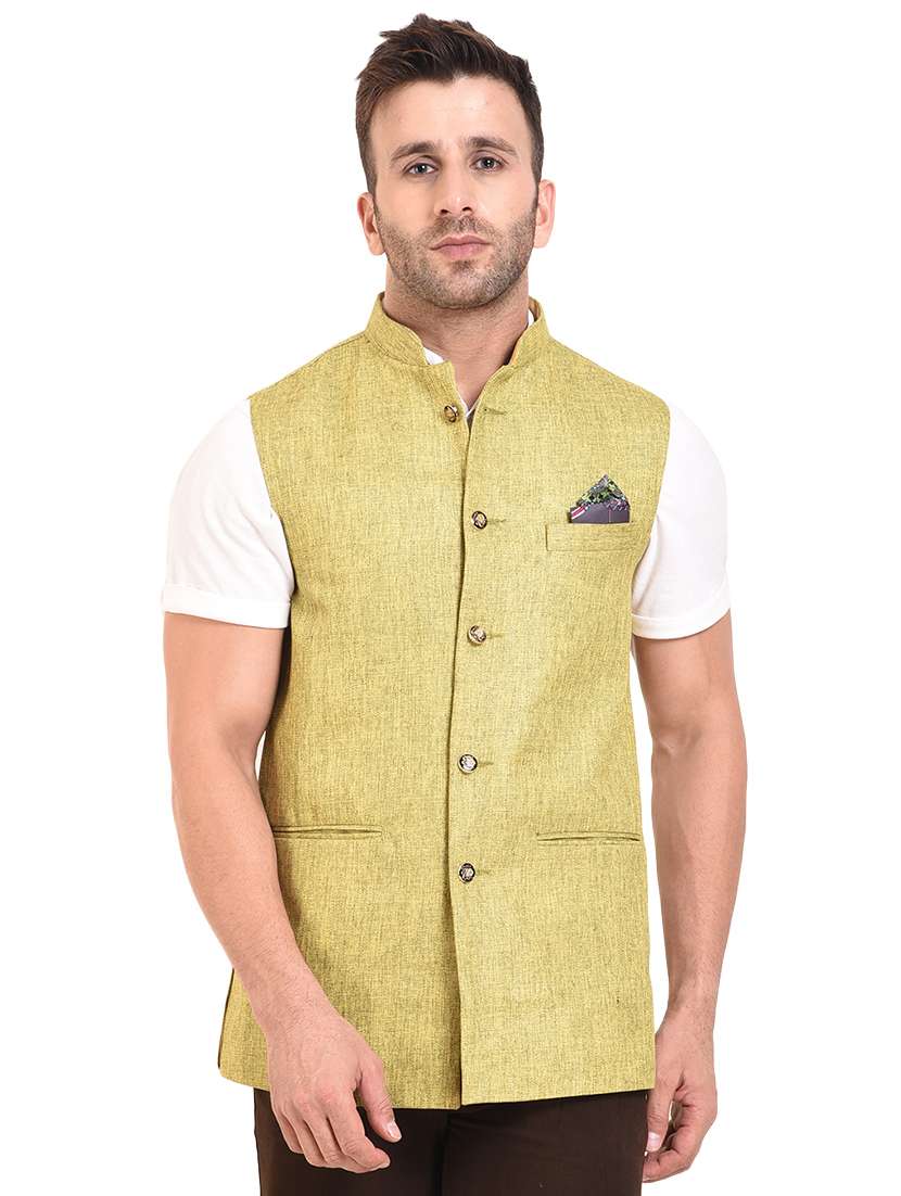 yellow cotton blend nehru jacket