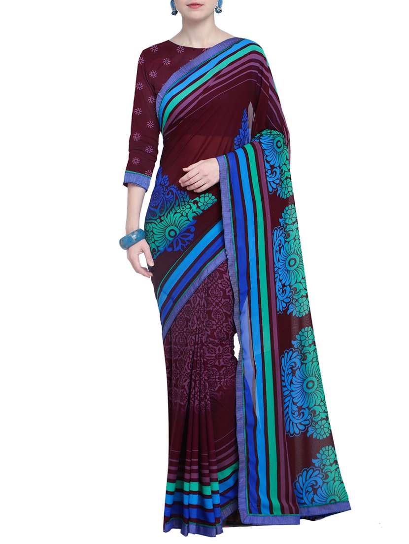 stripes bordered printed saree with blouse - 15528247 -  Zoom Image - 0
