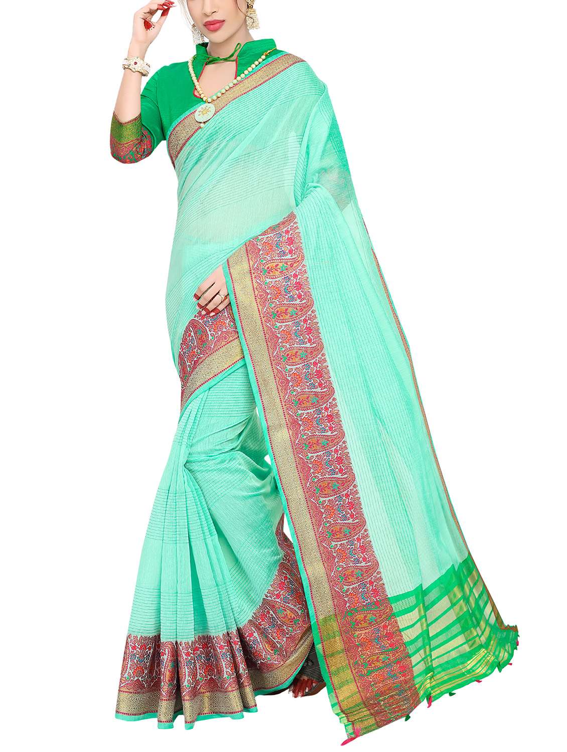 women's bordered turquoise colored saree - 15535466 -  Zoom Image - 0