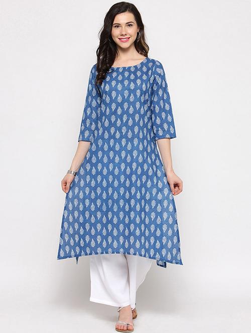 indigo printed a-line kurta - 15537736 -  Standard Image - 0