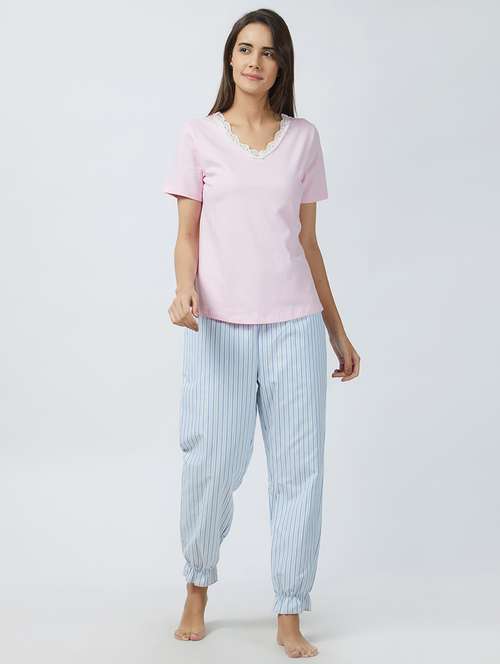lace trim striped pajama set - 15540396 - Standard Image - 0