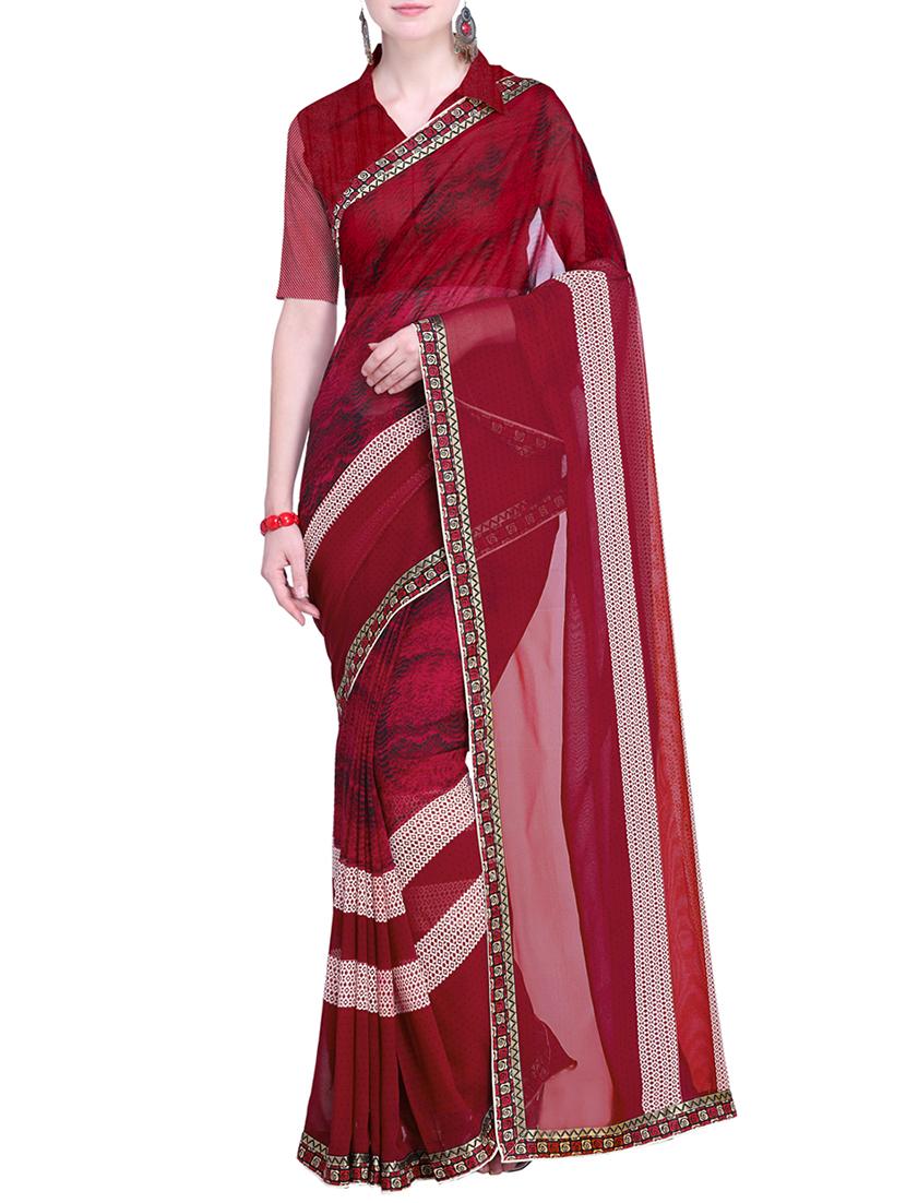 stripes bordered printed saree with blouse - 15544347 - Zoom Image - 0