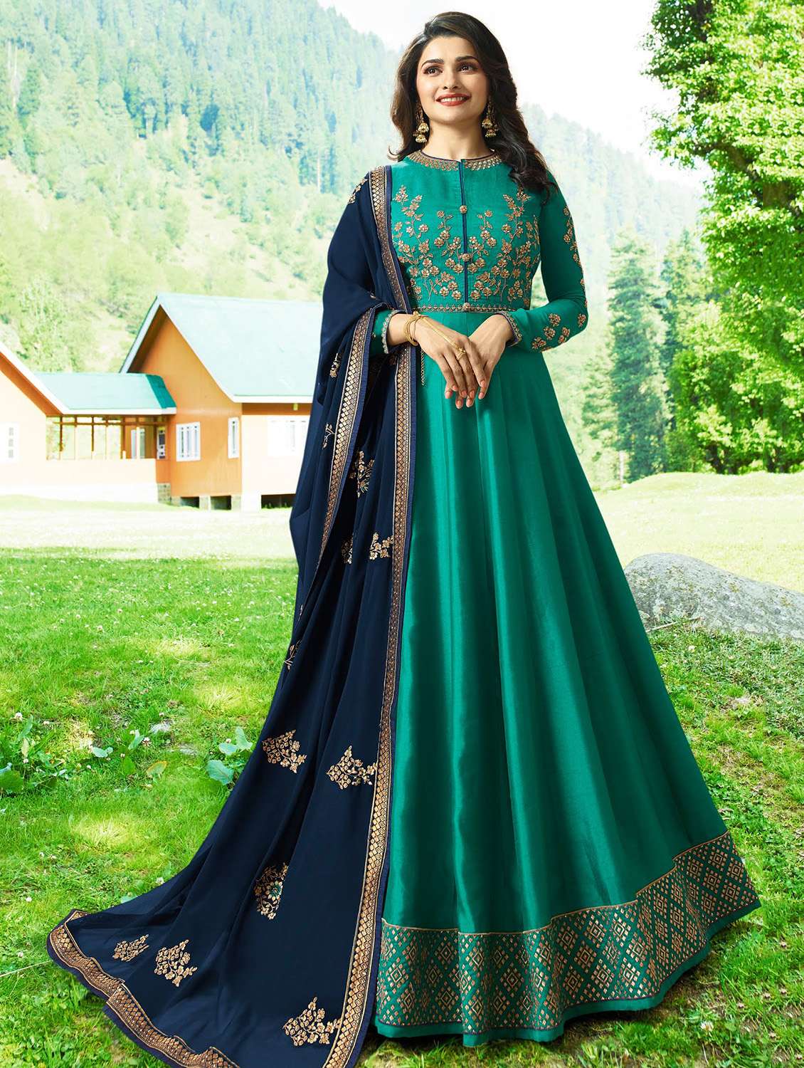 embroidered anarkali suit with contrast dupatta